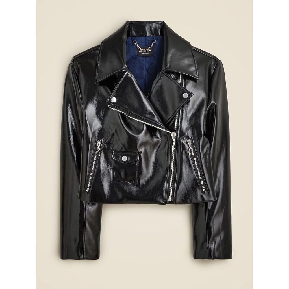 J.Crew Collection Black Cropped Moto Jacket In Faux Patent Leather Sz Large NWT